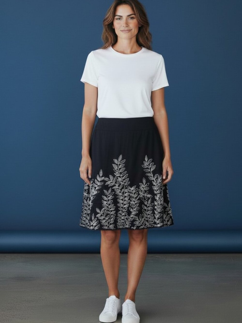le chateau Black A-Line Skirt with White Leaf Embroidery